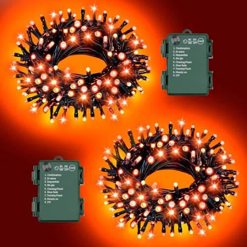 FFZZKJ Orange Fairy Lights Halloween Lights Outdoor 8 Modes Total 100 LED 33Ft/10M with Timer Waterproof Battery Operated for Halloween Decorations, Orange