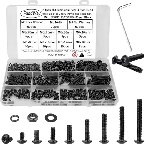 FandWay 211 Pièces Vis Boulon et écrous Rondelles M6,Vis à Six Pans Creux,Vis à Métaux Tête Bombée Hexagonale,Boulon a Tête Cylindrique en Acier Inoxydable 304 Noirs Époxy,Avec 1 Clés Hexagonales.