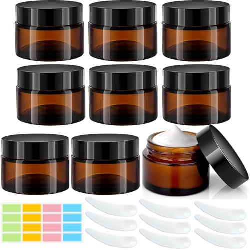 CafullCon 50ml Amber Glass Jars, 9Pack Empty Round Cosmetic Jars with Lids und Inner Liners, Face Cream Storage Containers, Travel Pots with Spatula and Labels for Toiletries, Lotion, Powder, Creams