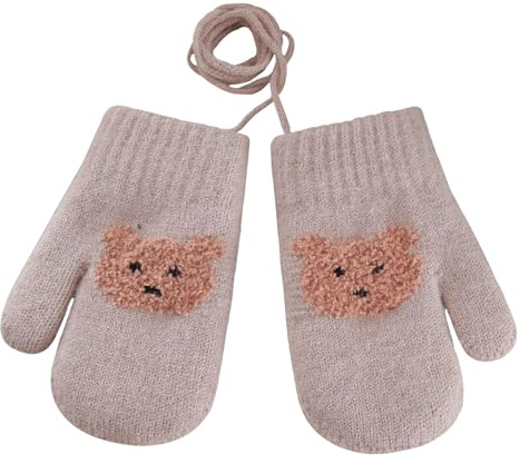FakeFace Süße Kleinkind Fäustlinge mit Schnur Baby 1-3 Jahre Handschuhe Bär Fäustlinge Fleece-Futter Gestrickte Winter Strickhandschuhe Kinder Fäustlinge Warme Thermohandschuhe Kind
