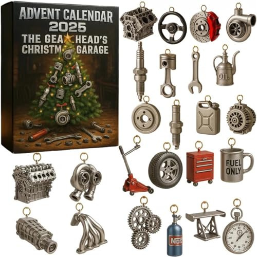 Advent Calendar 2025 for Car Lovers, The Gearhead’s Christmas Garage, 24 Days of Miniature Car Parts & Tools, Automotive Countdown Gift for Mechanics and Gearheads