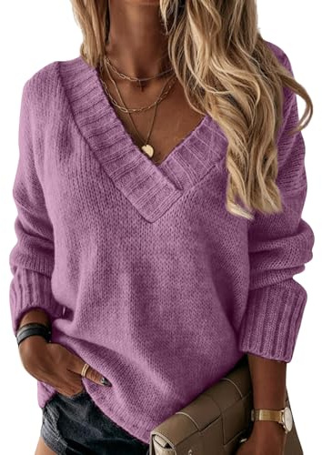 Damen Pullover V-Ausschnitt Strickpullover Modische Gerippte Winterpullover Elegante Warme Strickpulli Casual Einfarbig Sweater Lässige Lockerer Oberteile