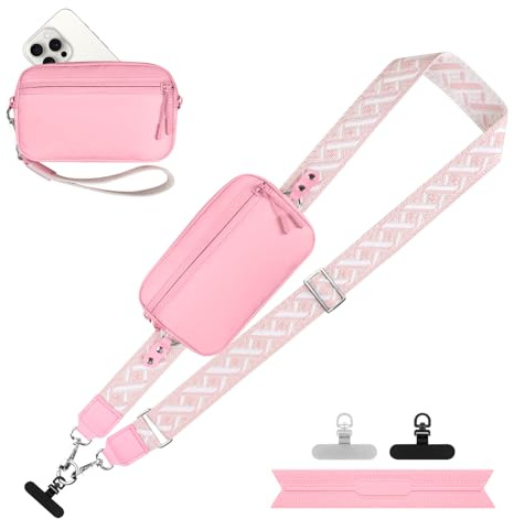 YFWE Handy-Gurt mit Geldbörse Crossbody | Abnehmbare RFID Blocking Armband Geldbörse | Universal Handy Lanyard mit 360° Drehbaren Clips für alle Smartphones (Rosa Musterband - L)