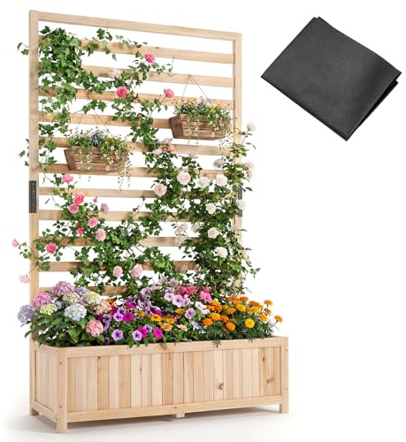 RELAX4LIFE Jardinière Surélevée avec Treillis, Jardinière Extérieur en Bois avec Base à Lattes Amovible, Doublure Incluse, Bac à Fleurs avec Treillis pour Plantes Grimpantes Légume Fleur (Naturel)
