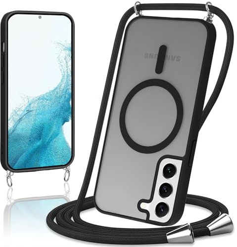 Knrlqim Magnétique Coque pour Samsung Galaxy S22 5G avec Cordon,Compatible avec MagSafe,Etui Translucide Mat Arrière Housse Fine Antichoc, Réglable Collier Lanière Étui Portable Lanyard Case,Noir