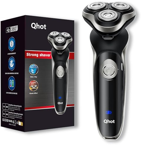 Qhot Electric Razor for Men, 3D Floating Rotary Shaver, Wet & Dry Rechargeable Electric Razor with Pop-Up Trimmer, 100 Mins Runtime, Non-Slip Handle(Black)