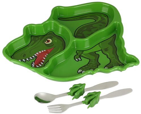 KidsFunwares T-Rex Dinosaur Me Time Meal Set, Portion Control Divided Plate with Fork and Spoon for Kids