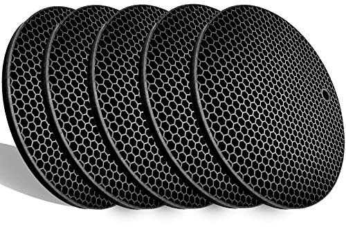 LogHog Lot de 5 Dessous de Plat en Silicone Extra épais, résistants à la Chaleur, antidérapants, durables, Flexibles, Ronds en nid d'abeille, Tapis de Cuisine résistants à la Chaleur (Noir)