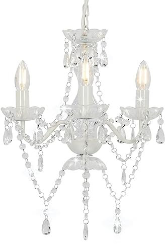 vidaXL Kronleuchter mit Perlen Deckenleuchte Lüster Kristall Lampe Leuchte Wohnzimmer Hängeleuchte Hängelampe Pendelleuchte Deckenlampe Weiß Rund 3xE14