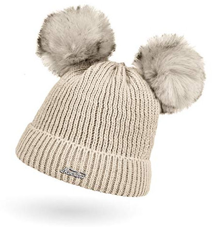 Neverless® Kinder Mädchen Strickmütze Zwei Bommel Kunstfell Doppelbommel Bommelmütze Wintermütze Pudelmütze Rippstrick beige Unisize