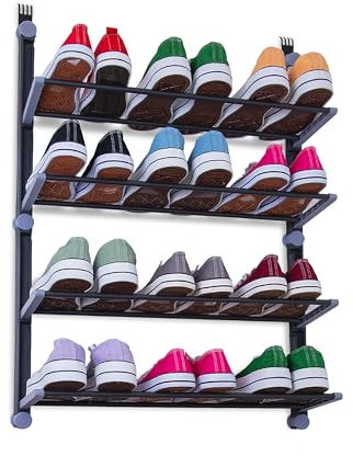 Knight Over The Door Shoe Storage Organiser | 4Tier Hanging Shoe Rack Holds 12 Pairs | Space-Saving Shoe Organiser for Bedroom, Hallway | Foldable Non-Slip Metal(4 Tier)