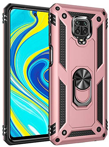 BestST Funda para Xiaomi Redmi Note 9S/Note 9 Pro +HD Protectores de Pantalla,con Anillo Soporte, Rugged TPU y PC Cubierta de Doble Capa Hybrid Carcasa y 360 °Rotación Kickstand 2 en 1 Case.RoseOro