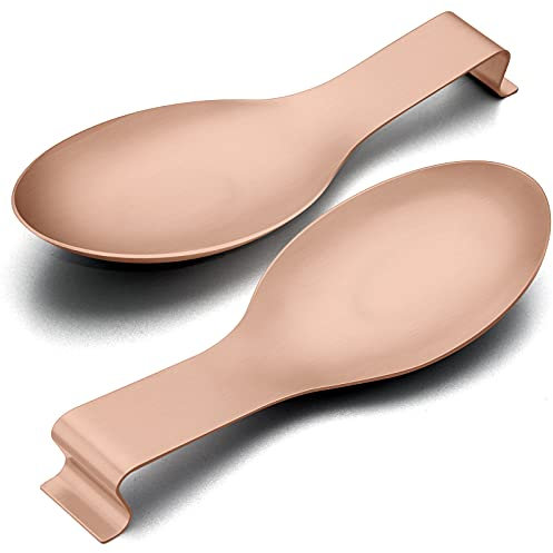Spoon Rest Set of 2, E-far Stainless Steel Rose Gold Spoon Ladle Holder, Metal Copper Spatula Rest for Kitchen Stove Top, Large Size & Dishwasher Safe
