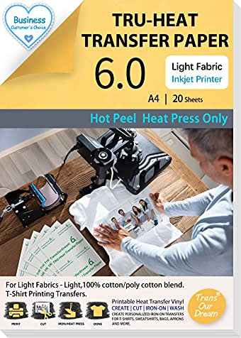 TransOurDream Tru-Heat Transfer Paper Light for Heat Press Machine Printable Vinyl 20 Sheets A4 Fabric Transfer Paper for Inkjet Printer Hot Peeling Vivid Color Durable Cost-Effective(TOD-06-20)