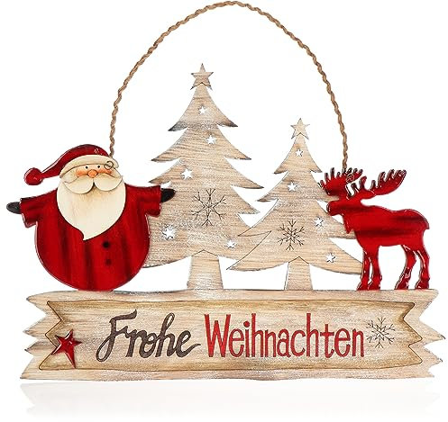 com-four® Hängedeko Weihnachten - Holz-Aufhänger Schriftzug mit Santa Claus und Elch - Türschild Frohe Weihnachten aus Holz für Tür, Fenster oder Wand (Santa im Wald)
