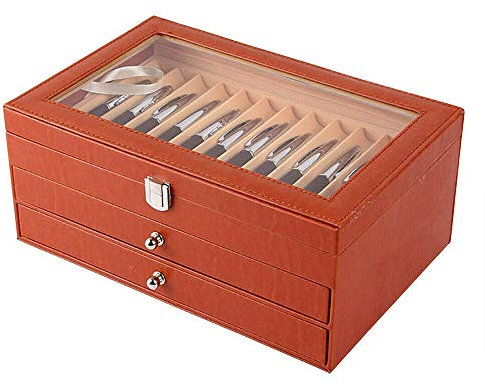 SHZICMY Schreibgeräte Sammlerbox, 24/36 Pcs Display Box Aufbewahrungsbox Geeignet für Stifte, Kugelschreiber, Pens, Leder&Flanell Penbox Veranstalter mit Glasfenster Schubladen (36-bit Orange)