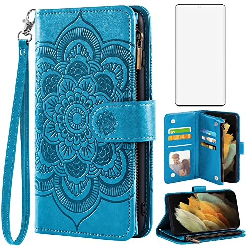 Asuwish Handyhülle für Samsung Galaxy S21 Ultra 5G Hülle mit Folie Schutzfolie Kartenfach Klappbar Leder Blumen Geldbörse Ständer S21Ultra5G S 21 S21Ultra G5 Handy Hüllen Schutzhülle Phone Case Blau