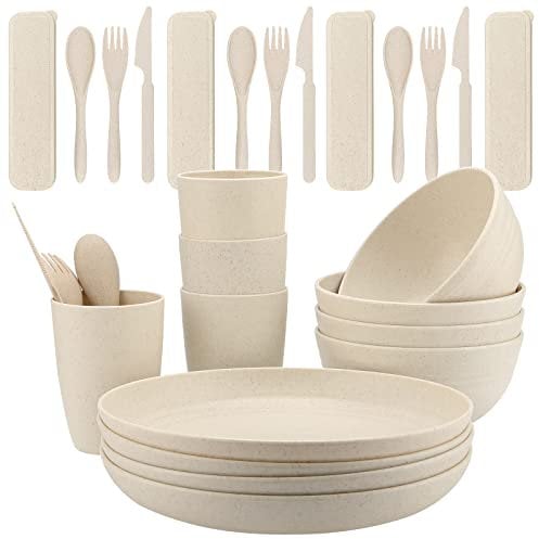 ZOENHOU 28 PCS Plastic Dinnerware Sets, Unbreakable Tableware Camping Dinner Set, Lightweight Serving Plates, Bowls, Cups with Cutlery Set, Dinner Set for 4 People