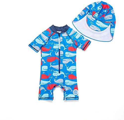 BONVERANO Bañador de una Pieza para bebé recién Nacido, Mangas largas, protección UV 50+, bañador con Cremallera(Azul-Ballena,18-24meses