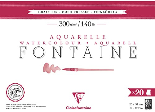 Clairefontaine 975500C Bloc Encollé 4 Côtés Fontaine - 20 Feuilles Papier Aquarelle Blanc 100% Coton Grain Fin Qualité Professionnelle 23x31 cm 300g