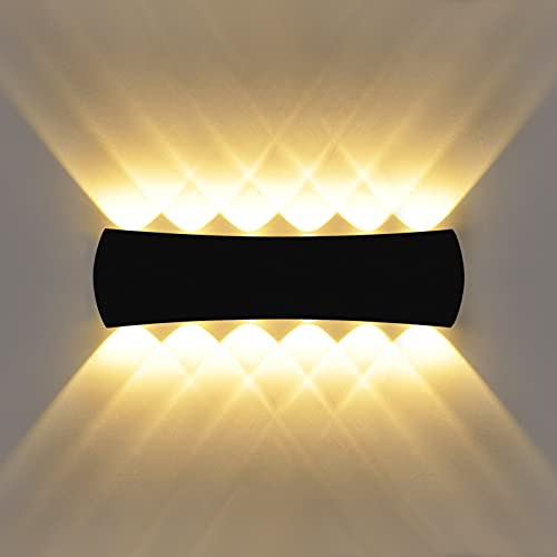 KAWELL 12W Modern Wandlampe LED Wandleuchte Up Down Aluminium Wandbeleuchtung Innen Außen Wasserdicht IP65 für Schlafzimmer Badezimmer Treppen Veranda Flur Korridor Wohnzimmer, Schwarz 3000K