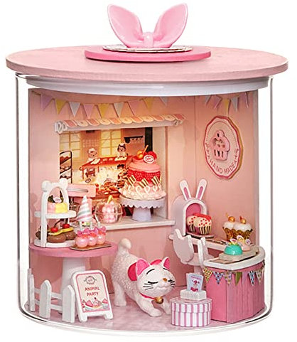 TOPBSFARNY DIY LED Lights Miniature Dollhouse Kit Street Shop Doll House Model Wooden Furniture for Valentine's Day Creative Gifts (Kitten Cake Shop)