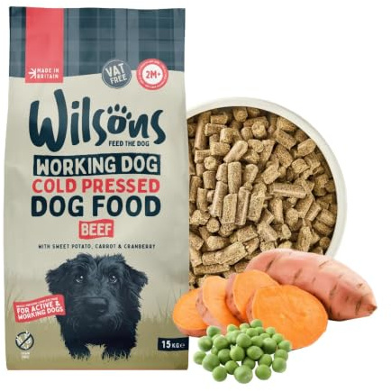 Wilsons - Cold Pressed Dog Food - Complete Dry Meal with Natural, Hypoallergenic, Grain Free Ingredients, Best Introduced Gradually, Suitable for Adult Dogs and Puppies 2 Months + (Beef) (15kg)