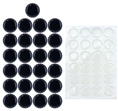 Meprotal 20 Stück Flaschenverschlüsse schwarz flach dekorativer Flaschenverschluss 25 mm mit 24 Stück klaren, runden Epoxid-Aufklebern für Haarschleifen, Sammelalben, Schmuck, Basteln