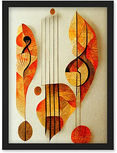 Wee Blue Coo Modern Abstract Musical Symbol Clef and Staff in Warm Autumn Colours Artwork Framed Wall Art Print A4
