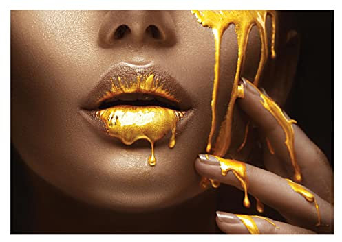 WallArena - Vlies Fototapete Frau Gesicht Sexy Lippen Gold Frauen 254x184 cm - Fototapeten - Tapeten - für Wohnzimmer Schlafzimmer - Vliestapete Wandtapete Tapete 3D Effekt- inkl. Kleister