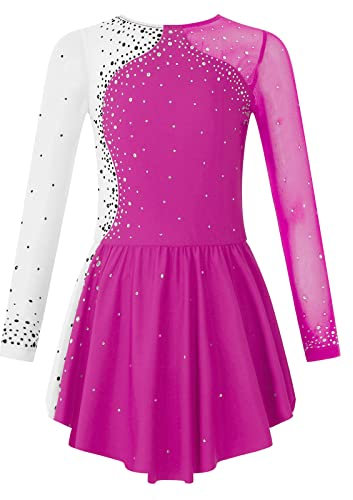 ranrann Enfant Fille Robe Patinage Artistique Manches Longues Strass Brillant Justaucorps Gymnastique Bodysuit Sport Costume Spectacle 5-16 Ans A Rose 7-8 Ans