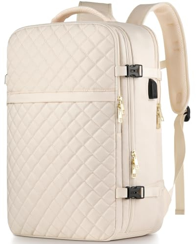 Reiserucksack, Rucksack Handgepäck Flugzeug, Ryanair Handgepäck 46x31x20, mit 17.3 Zoll Laptopfach und USB Ladeanschluss, Klein Reiserucksack für Weekender, Kurze Tirp, Weiß