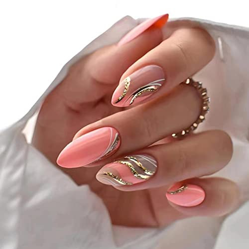 Ceboic 24Pcs Amande Faux Ongles Moyen Français Ballerine Press on Nails avec Dessin, Glossy Pleine Couverture Acrylique Ongles à Coller pour Femmes et Filles (Pink & Gold Lignes)