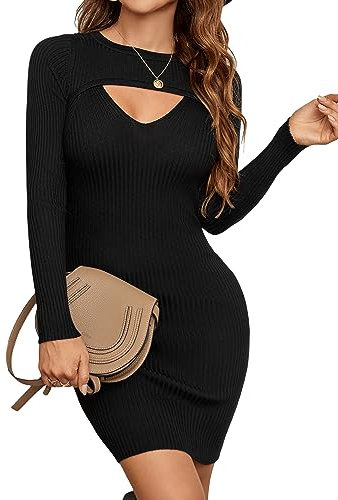 Blooming Jelly Womens Long Sleeve Sweater Dress Sexy Cut Out Bodycon Mini Fall Dress Trendy Ribbed Knit Ladies Winter Sweater, Black, L