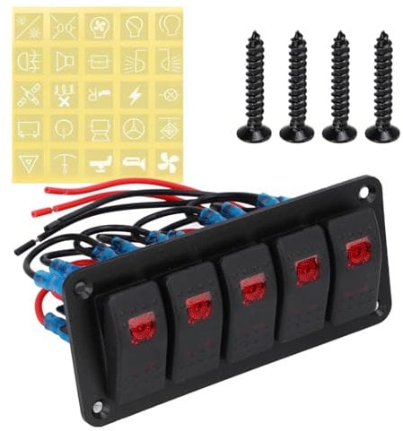 Tissting Wippschalter Panel 5 Gang 12/24V 20/10A Wasserdicht Ein Aus Kippschalter Schalttafel mit Etiketten, LED Hintergrundbeleuchtung Schalter Panel für Boot, Wohnmobile, Auto