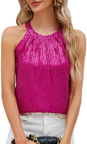 Maeau - T-Shirt sans Manches à Paillettes pour Femmes Débardeur Été Top Col Rond pour Party Dames - Rose Rouge - L