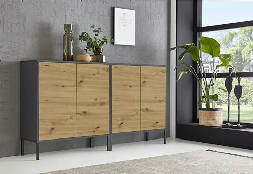 BMG Möbel Sideboard Mailand Set 2, grifflos, Metallfüßen, Anthrazit/Artisan Eiche