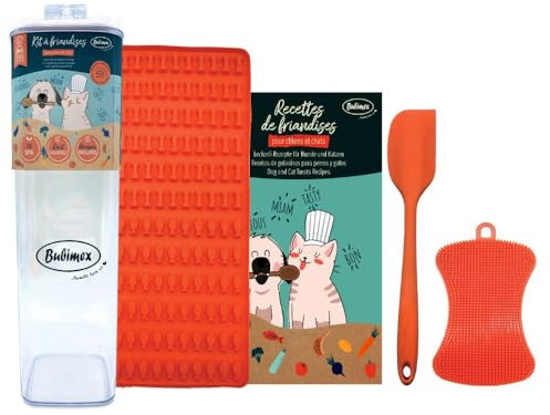 BUBIMEX - Kit à friandises Forme os/Poisson pour Chiens et Chats avec Tapis de Cuisson 30,5x9x9cm - DIY - Boîte avec Moule en Silicone sans BPA Anti adhérent, Spatule, Brosse et Livret de Recettes