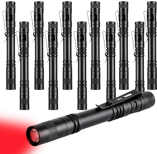 MODOAO Linterna LED de luz roja, paquete de 12 linternas LED de alta potencia, linternas de mano impermeables, linterna compacta de bolsillo con clip, para camping, senderismo, visión nocturna,