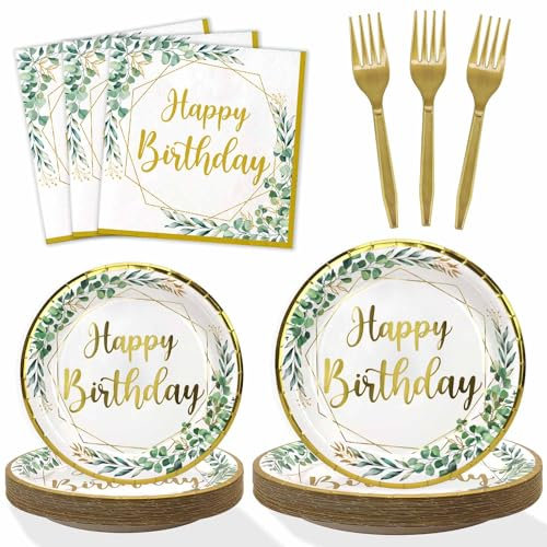 Lopeastar Neutral Sage Green Birthday Decorations Plates Set for 25 Guests, Glitter Foil Gold Print Happy Birthday Plates Napkins Forks Party Decorations