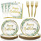Lopeastar Neutral Sage Green Birthday Decorations Plates Set for 25 Guests, Glitter Foil Gold Print Happy Birthday Plates Napkins Forks Party Decorations