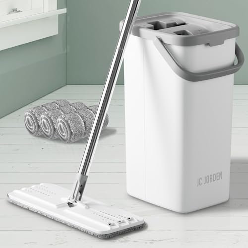 JC Jorden Mop and Bucket with Wringer Set, Hands Free Flat Floor Mop and Bucket, 3 Washable Microfiber Pads Included, Wet and Dry Use, Home Floor Cleaning System for All Floor Types and Windows