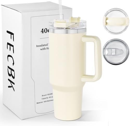 FECBK 1,2L Kaffeebecher to Go Thermobecher Doppelwandig Edelstahl Vakuumisoliert Auslaufsicher Trinkbecher mit Deckel und Strohhalm 40 oz Tumbler Cup, Spülmaschinenfest, Beig