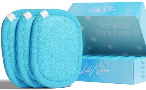 Pads Démaquillants Lavables et Réutilisables Lilly Skin - Lingettes Carrées Microfibres Nettoyantes et Exfoliantes pour la Peau du Visage - Boîte de 7 Pads en Tissu Simili Coton (Bleu Chill, XL)
