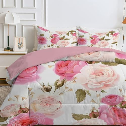 Qiwagu Bettdecke 135x200 4 Jahreszeiten, Wende Pinke Blumen Steppdecke Waschbare, Bettdecke ohne Bezug Nutzbar, Leicht Weiche Schlafdecke 200GSM, Ganzjahresdecke Weiß mit 1 Kissenbezug (ohne Kissen)