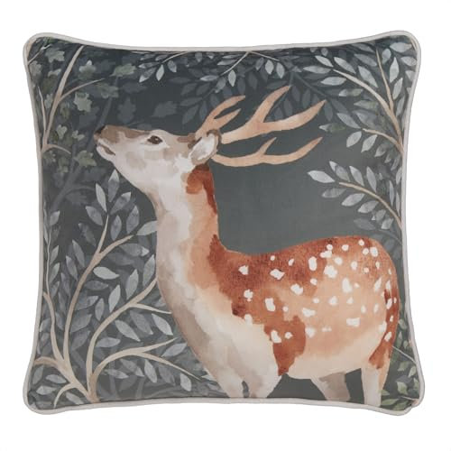 Dreams & Drapes Woodland Deer Samtkissen (43 x 43 cm) – Grauer Biber mit Füllung – paspelierter Rand – wendbares Design – Waldtierbezug inklusive