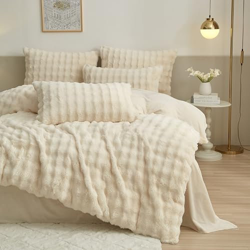 DXHOME Plüsch Bettwäsche 200x200cm Weiß Flauschig Kaninchenfell Winterbettwäsche Cashmere Touch Bettwäsche Warme Flanell Fleece Deckenbezug mit 2 Bettbezug und 2 Kissenbezug
