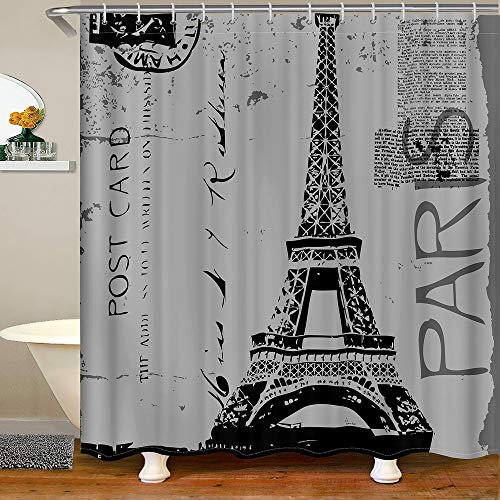 TDTRADD Eiffel Ttower Badewannen-Duschvorhang, Vintage-Stil, romantisch, Paris, Frankreich, Badewannen-Duschvorhang, alte Zeitung, Badezimmer-Set, Zubehör für Männer und Frauen, Grau, stilvoll, 183 cm
