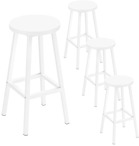 Klihome Tabouret de Bar Lot de 4, Tabouret Fixe Haut, Chaise Haute Cuisine, Siège Rond en Bois d'Ingénierie, Structure Métallique, Repose-Pieds, Style Moderne/Industriel, Blanc, K0006BH-4