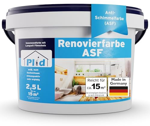 Plid® Anti Schimmel Renovierfarbe Innen Weiß 2,5L [FÜR ALLE WÄNDE] - Antischimmelfarbe für feuchte Räume, Bad & Küche - Wandfarbe weiß - Langzeitschutz gegen Schimmelbefall - Made in Germany
